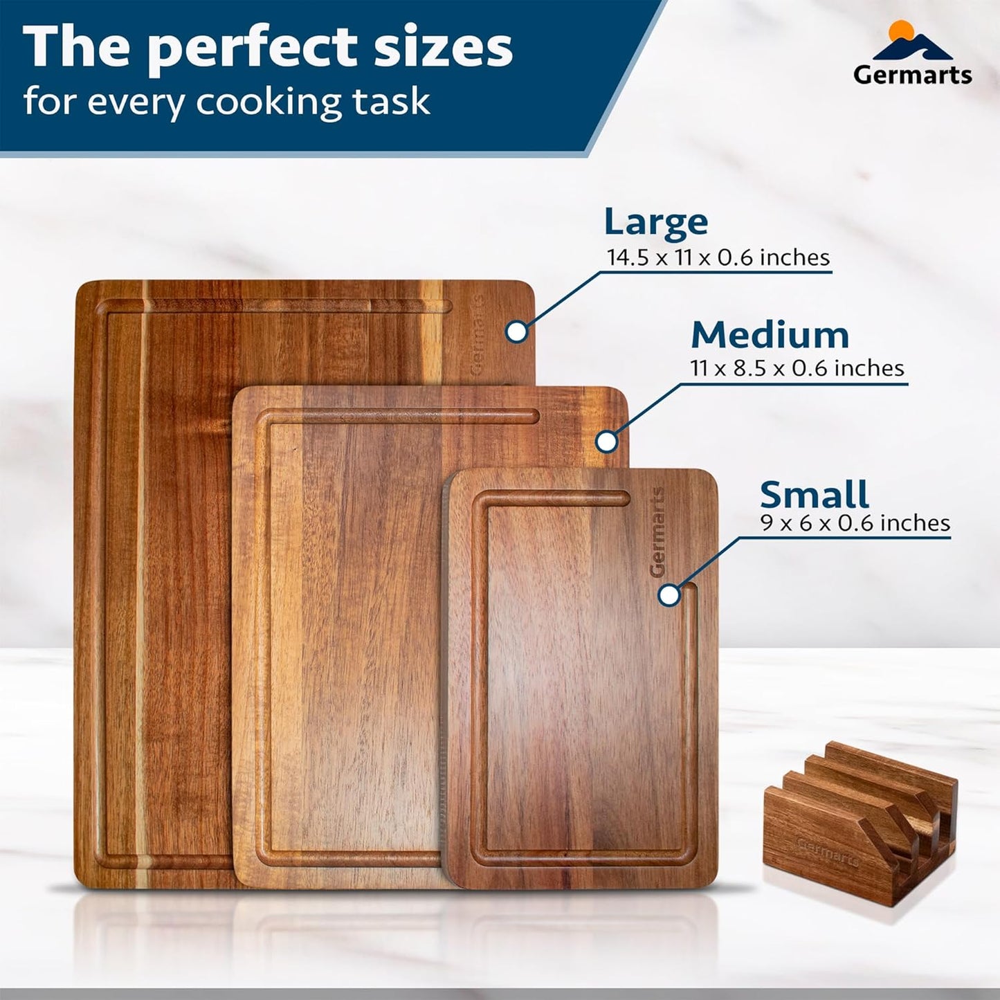 Wooden Cutting Board Set of 3 Acacia Wooden Cutting Boards for Kitchen Design with Holder to Home Decor, Kitchen Gadgets for Cooking, Serving, Camping and Charcuterie Boards, Includes Grinder