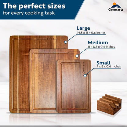 Wooden Cutting Board Set of 3 Acacia Wooden Cutting Boards for Kitchen Design with Holder to Home Decor, Kitchen Gadgets for Cooking, Serving, Camping and Charcuterie Boards, Includes Grinder