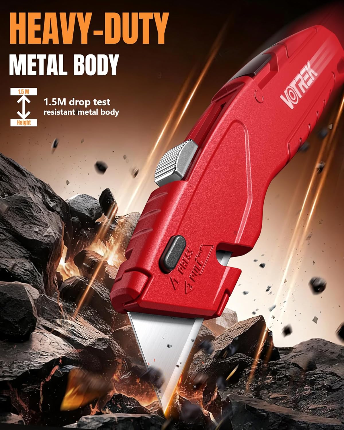 VOTREK® Box Cutter Retractable| Metal Utility Knife Set【Built-In Storage】 Tool-Free Quick Blade Change| Safety Lock| Extra 10 Sharp SK5 Blades| 2-Pack Heavy Duty Razor Knife for Cardboard & Plastic
