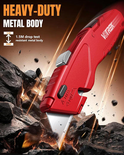 VOTREK® Box Cutter Retractable| Metal Utility Knife Set【Built-In Storage】 Tool-Free Quick Blade Change| Safety Lock| Extra 10 Sharp SK5 Blades| 2-Pack Heavy Duty Razor Knife for Cardboard & Plastic