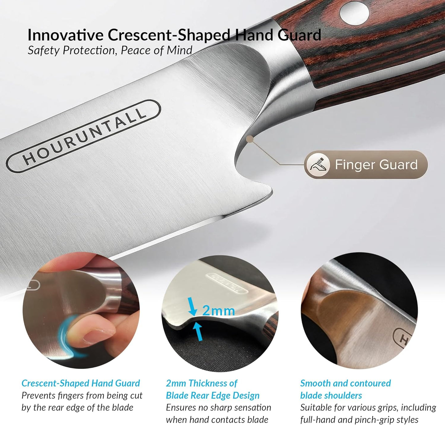 8 Inch Chef Knife, Safety Notch for Finger Protection to Prevent Blade Injuries, Forged 5CR15MOV Stainless Steel 2.5mm Thick Blade, Well-Balanced Ergonomic Handle for Pro Chefs & Cooking Enthusiasts