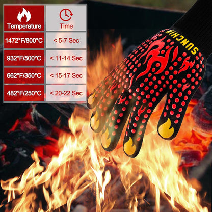 BBQ Fireproof Gloves, Grill Cut-Resistant 1472°F Heat Resistant Gloves, Non-Slip Silicone Oven Gloves, Kitchen Safe Cooking Gloves for Oven Mitts,Barbecue,Cooking, Frying,13 Inch 2pc