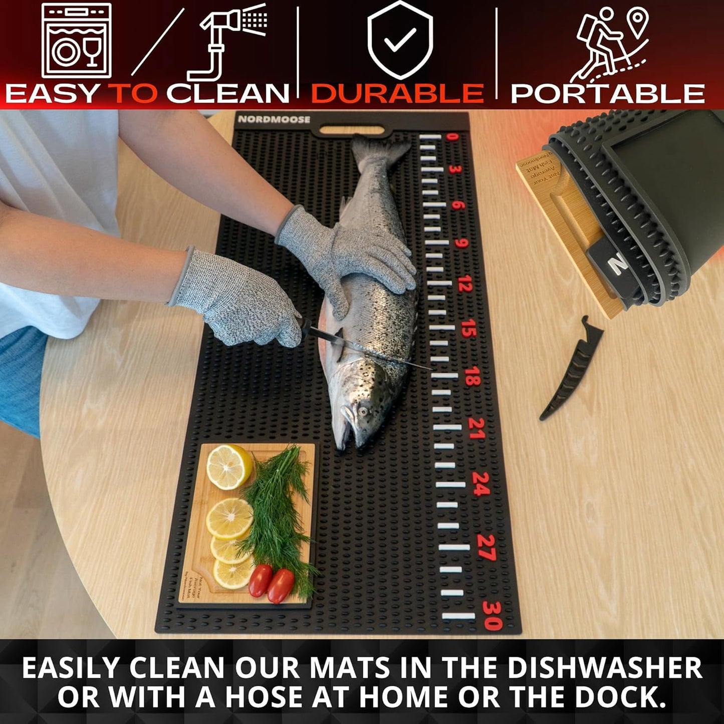 Fish Fillet Mat Kit with Fish Ruler Decal and Fillet Knife, Cutting Gloves. Large 28"x14" Nonslip Fish Cleaning Mat that Grips the Fish - Durable & Easy to Clean, Portable Fish Cutting Board