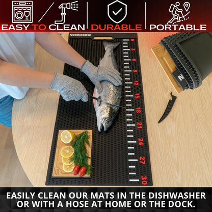 Fish Fillet Mat Kit with Fish Ruler Decal and Fillet Knife, Cutting Gloves. Large 28"x14" Nonslip Fish Cleaning Mat that Grips the Fish - Durable & Easy to Clean, Portable Fish Cutting Board