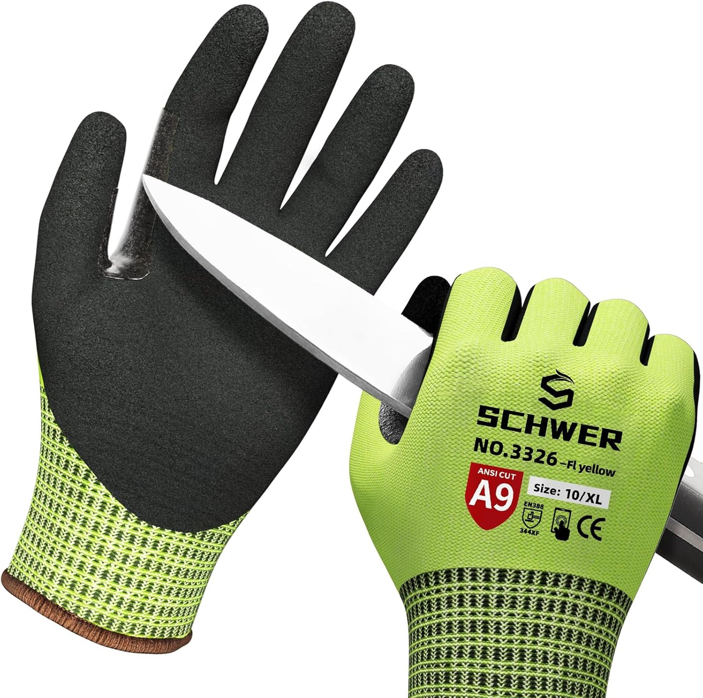 Schwer ProGuard High Level Cut Resistant Work Gloves PR3326 for Extreme Protection，ANSI A9 Cut Gloves with Reinforced Thumb, Non Slip, Breathable, Durable, Touch-screen, Black 1 Pair（XL）
