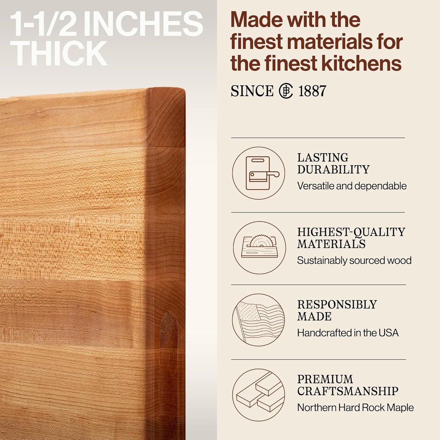 John Boos R-Board Series Rectangular Wooden Maple Cutting Board 20”x15” – 1.5” Thick, 12-lb Reversible Butcher Block with Edge-Grain & Finger Grips – Made in the USA
