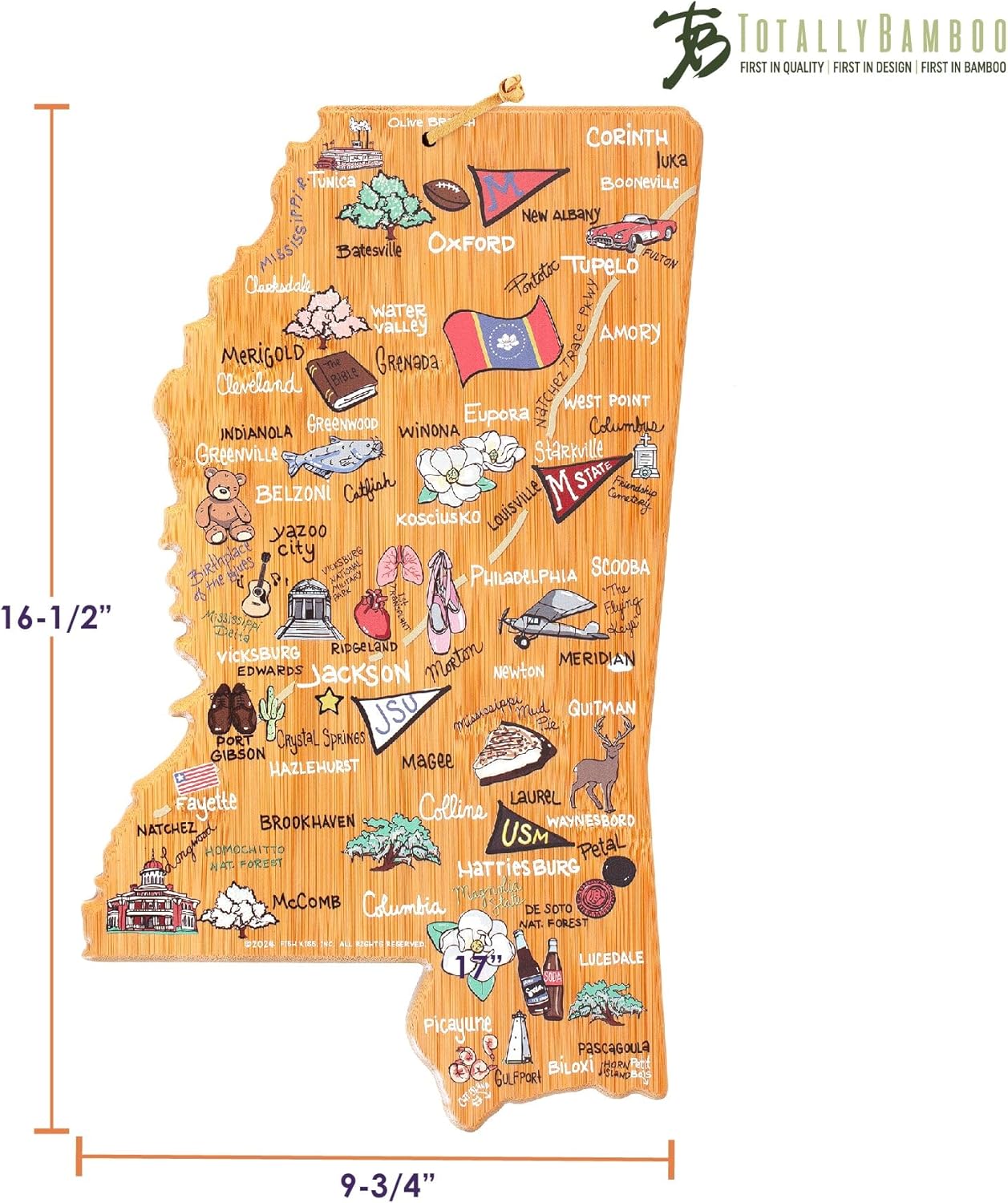 Totally Bamboo Tennessee State Shaped Cutting Board and Charcuterie Serving Platter with Artwork by Fish Kiss, Includes Hang Tie for Wall Display - Colors A