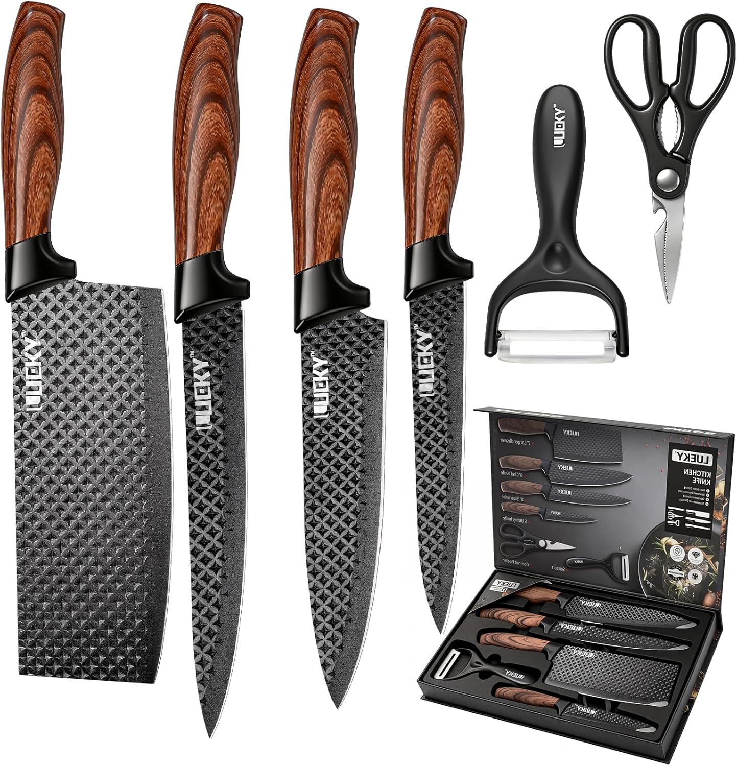 Knife Set, 6 Pieces Kitchen knife Set with Healthy Anti-Rust Coating, Stainless Steel Professional Chef Knife Sets with Elegant Box, Kitchen Knives with Scissors & Peeler for Cooking, Dishwasher Safe