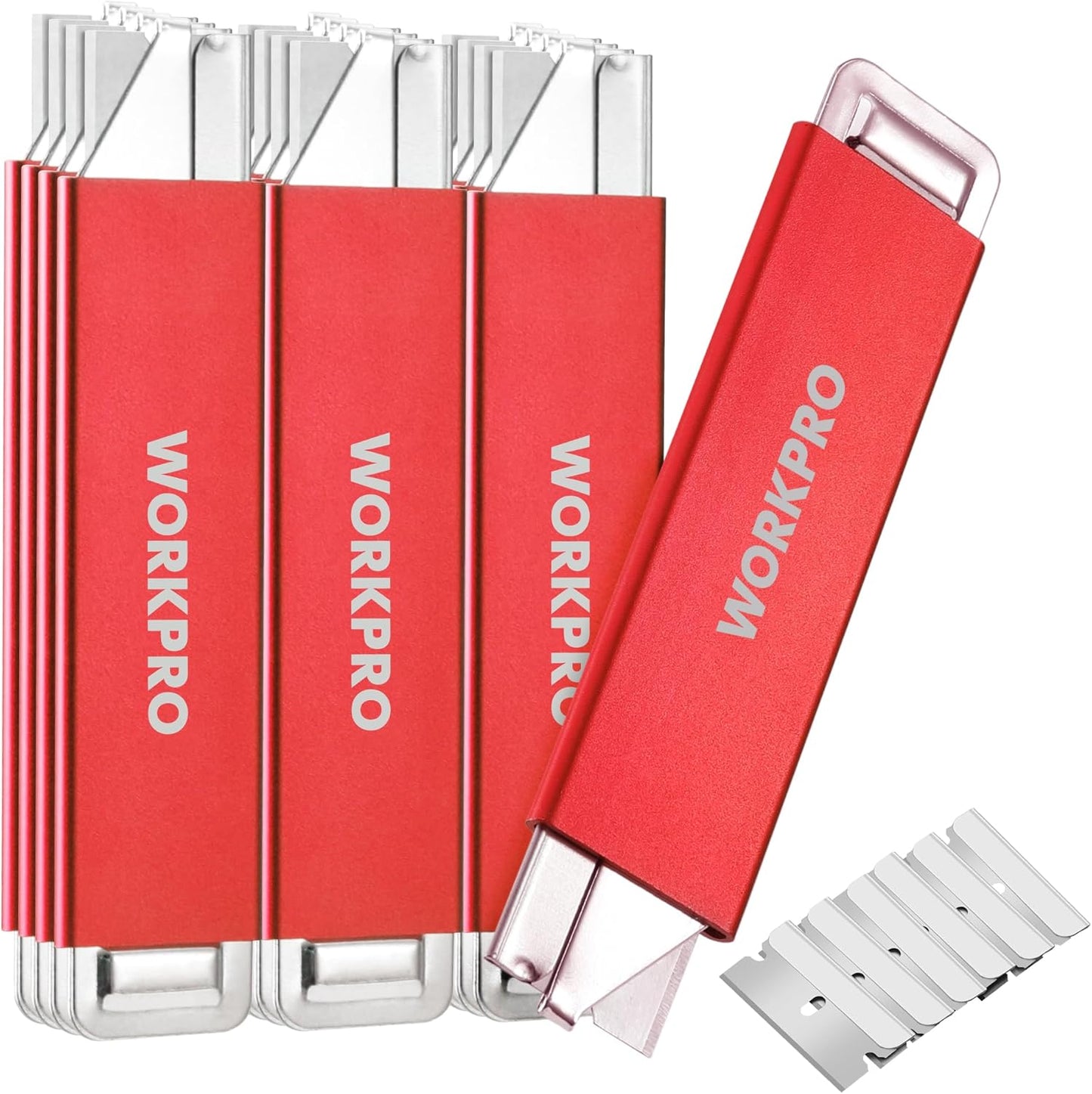 WORKPRO 12-Pack Box Cutter Retractable - Utility Knife with Single Edge Razor Blade - Razor Knife Box Opener Cardboard Cutter with Metal Sheathes- Extra 12-Pack Razor Blades for Replacement - Red