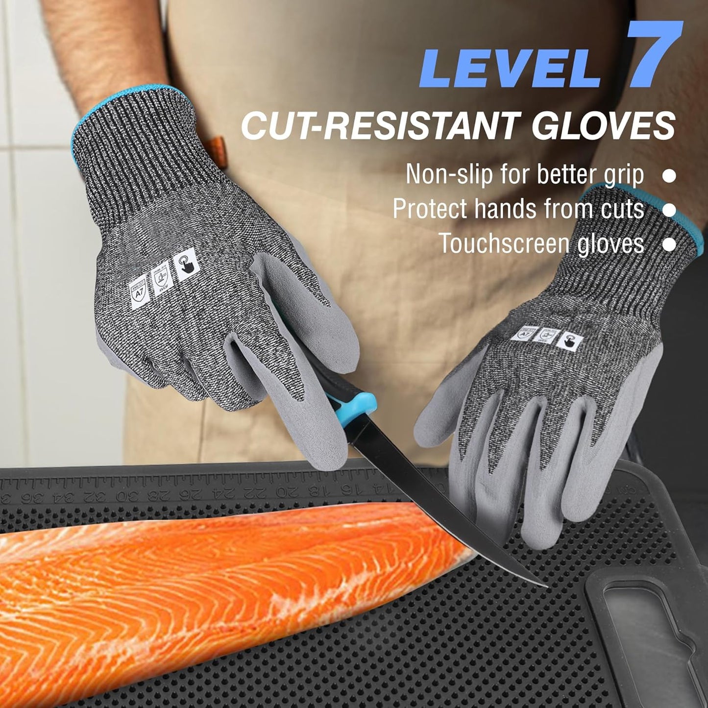 FLISSA 4PCS Fish Fillet Set with 6" Fillet Knife, 24"*13" Non-Slip Fish Fillet & Cleaning Mat, Knife Sharpener and Cut Resistant Gloves, Fish Cleaning kit for Easy Fish Cleaning, Filleting and Cutting