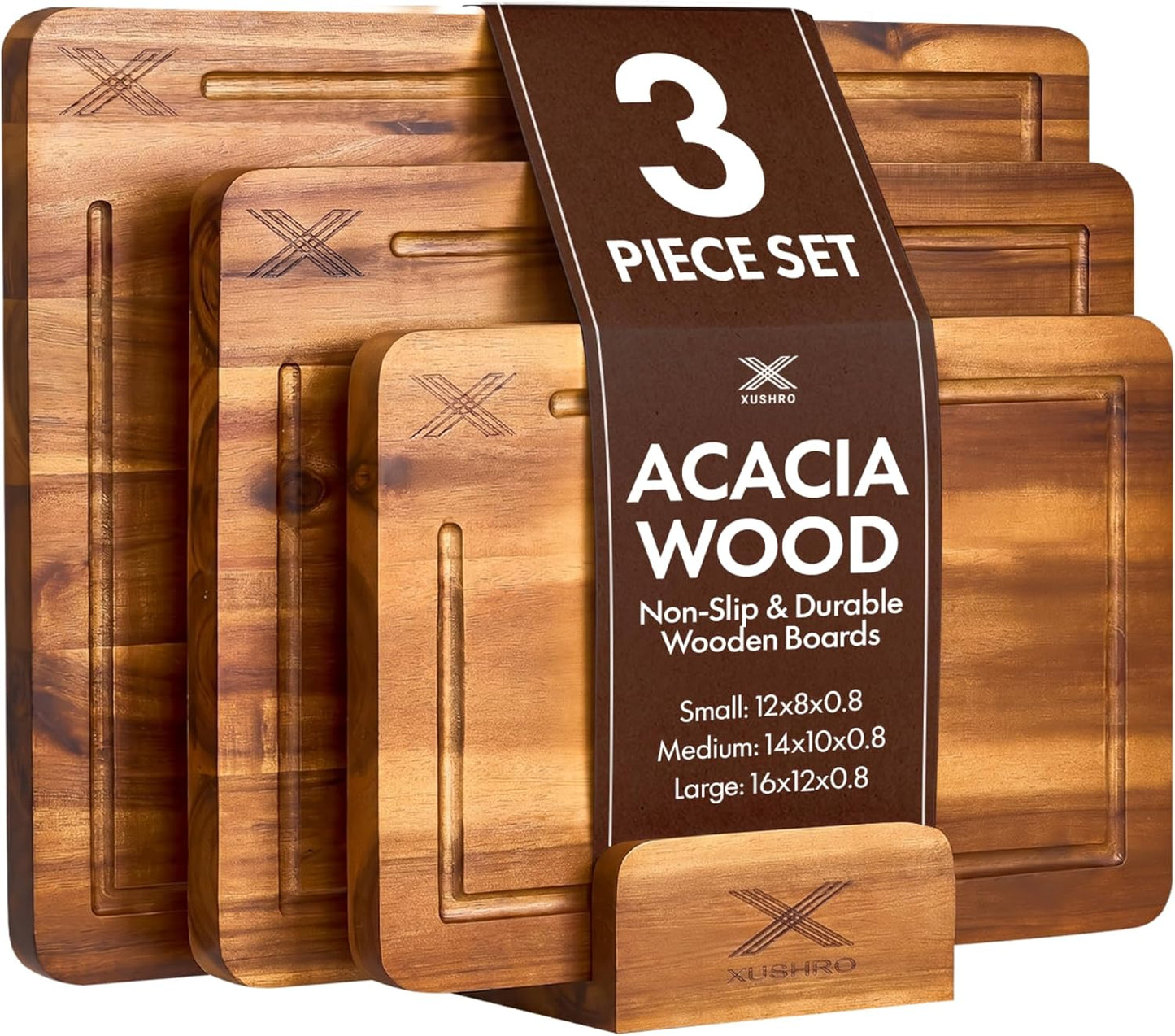 Acacia Wood Cutting Board Set of 3 with Stand - Thick Wooden Chopping Boards with Deep Juice Grooves - Non-Slip & Durable Wooden Boards for Meat & Vegetables (16x12, 14x10, 12x8) - Walnut