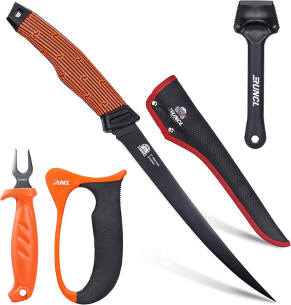 RUNCL Fishing Fillet Knife Combo Set, Fishing Tools Kit With 6" Fillet Knife, Fillet Fork, Knife Sharpener and Fish Scaler Remover, 4 Pieces fishing Kit Tool, Perfect for Fresh or Saltwater