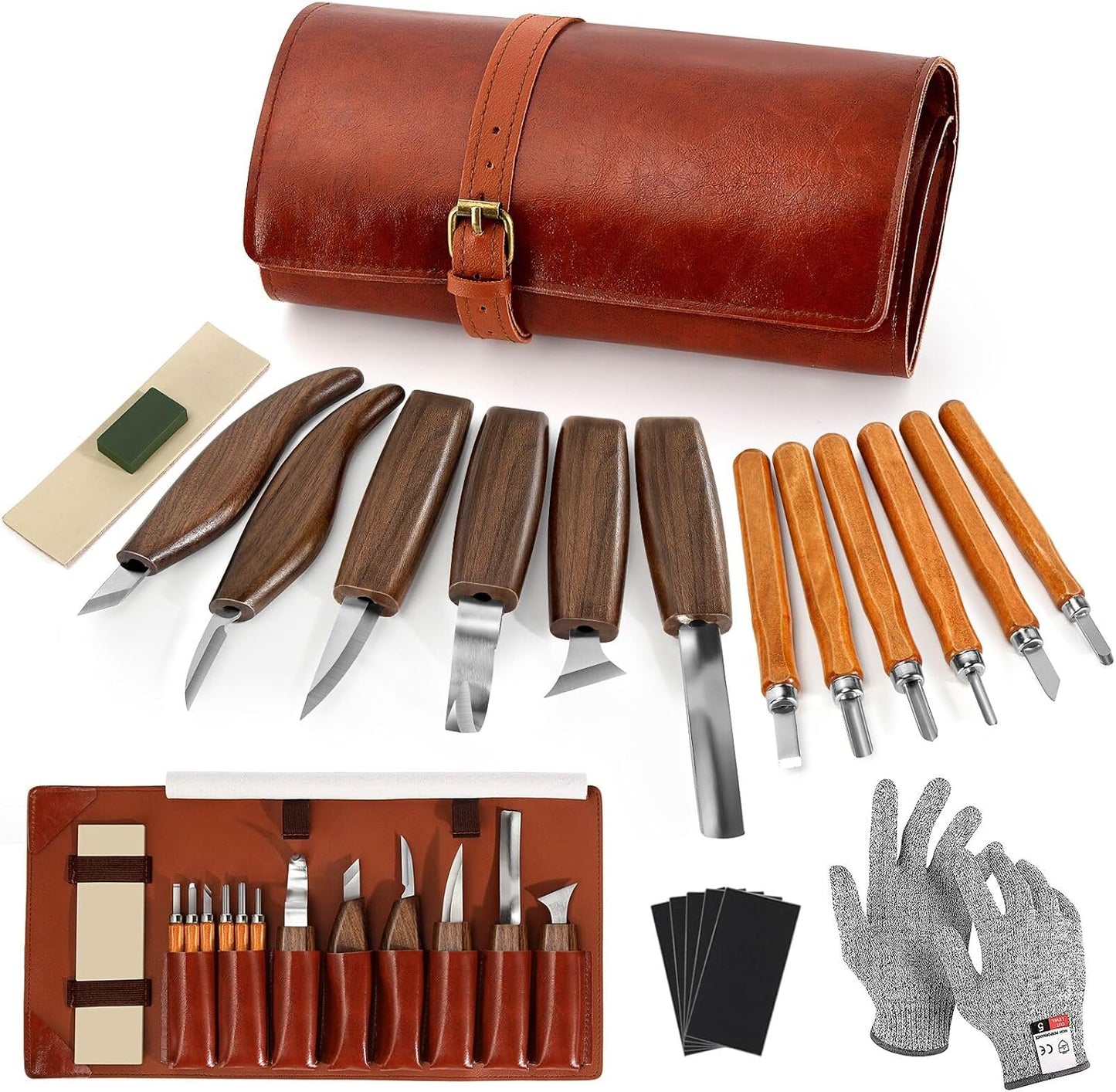 Wood Carving Tools, 17Pcs Wood Carving Kit with PU Storage Bag with 6Pcs Whittling Knives & 5 Detail Carving Knives for Adults Carving DIY
