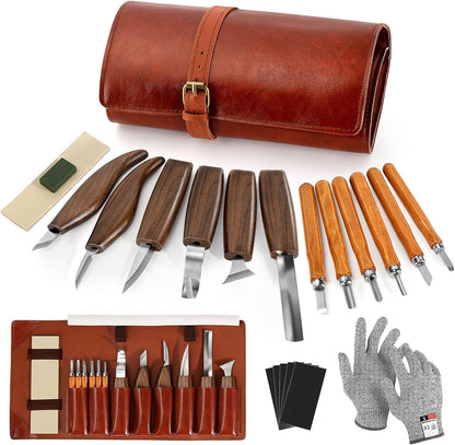 Wood Carving Tools, 17Pcs Wood Carving Kit with PU Storage Bag with 6Pcs Whittling Knives & 5 Detail Carving Knives for Adults Carving DIY