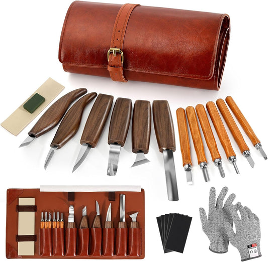 Wood Carving Tools, 17Pcs Wood Carving Kit with PU Storage Bag with 6Pcs Whittling Knives & 5 Detail Carving Knives for Adults Carving DIY