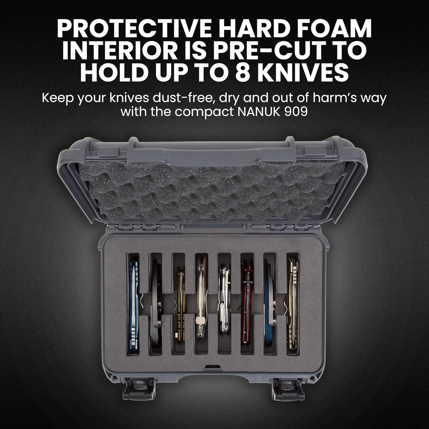 NANUK 909 Travel Knife Case – Waterproof Pocket Knife Storage with 8 Slots, 12.6” x 9” x 4.4” - Lightweight, Lockable, Dustproof, Impact-Resistant & Durable - Black