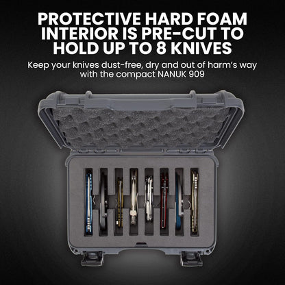 NANUK 909 Travel Knife Case – Waterproof Pocket Knife Storage with 8 Slots, 12.6” x 9” x 4.4” - Lightweight, Lockable, Dustproof, Impact-Resistant & Durable - Black