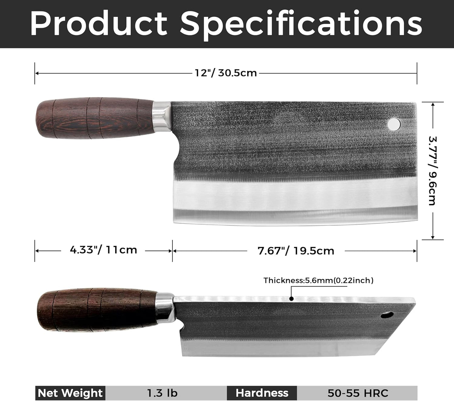Meat Cleaver Knife, 8.07" Bone Chopper, 6mm Thick Blade, All-in-One Chop & Slice Knife with Wenge Wood Handle for Home Kitchen & BBQ
