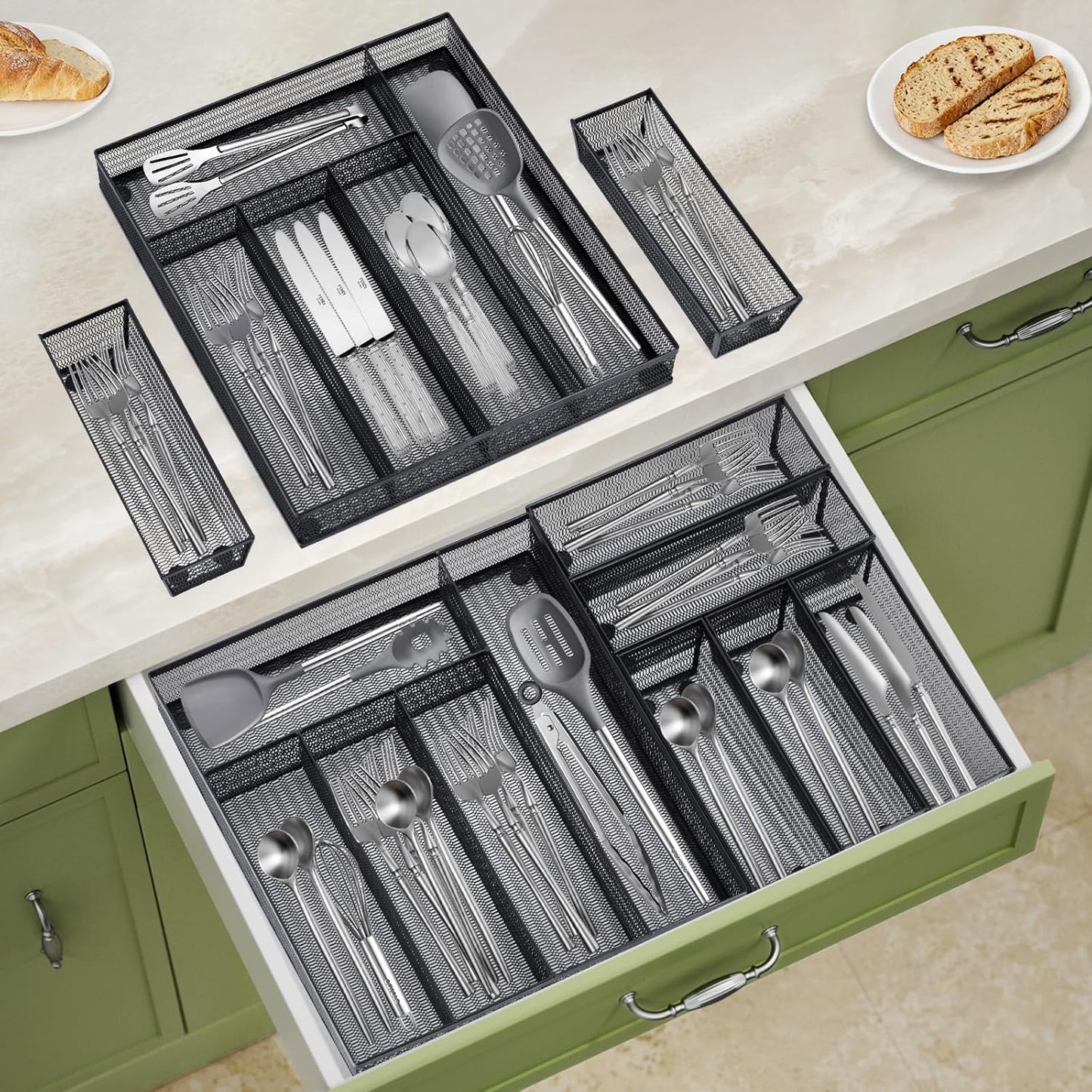 Neudeco Silverware Organizer,Mesh Drawer Organizer for Kitchen，Metal Utensil Organizer for Flatware, Knives, Spoons,Cosmetic (Silver 9 * 3 * 2 inch Pack6)
