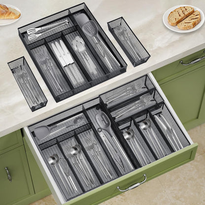 Neudeco Silverware Organizer,Mesh Drawer Organizer for Kitchen，Metal Utensil Organizer for Flatware, Knives, Spoons,Cosmetic (Silver 9 * 3 * 2 inch Pack6)