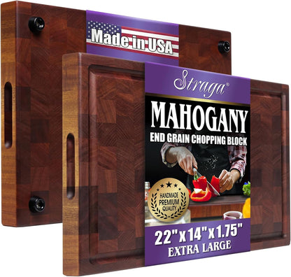 Straga Handmade Reversible End Grain Mahogany Heavy-Duty Chopping Block with Non-Slip Feet, Deep Juice Groove, Built-in Handles - Ideal for Cutting Meat, Cheese, Vegetables (12" x 9", Mahogany)