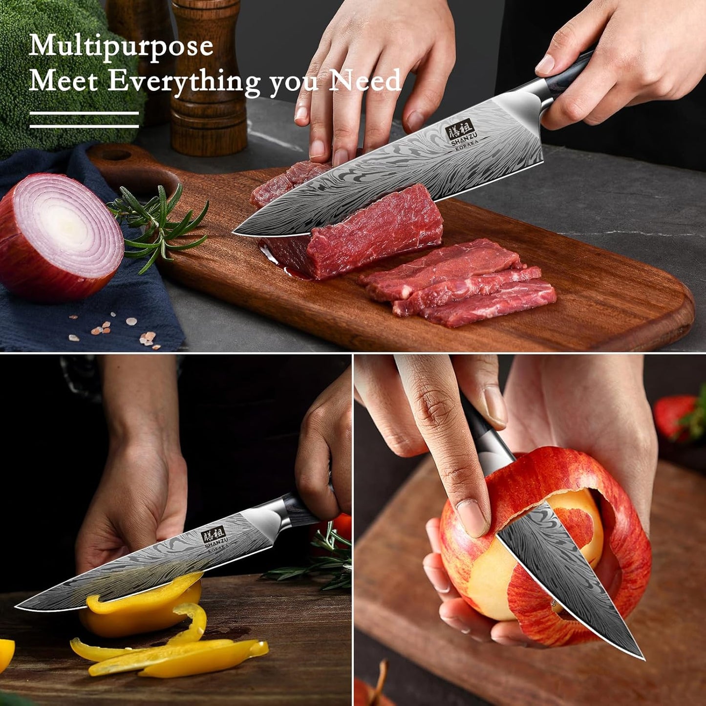 SHAN ZU Chef Knife in Powder Steel, Japanese Kitchen Knife 8 Inch, Ultra Sharp Chef's Knives, High Carbon Japanese Knives with Ergonomic Pakkawood Handle Professional Utility Knives for Meat Vegetable