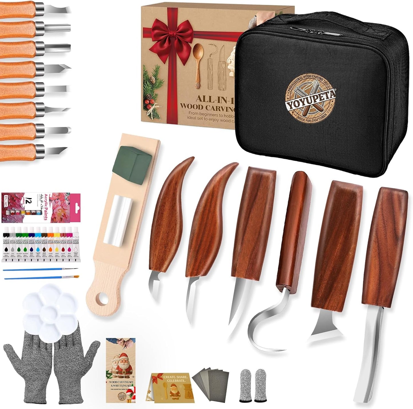YOYUPETA Wood Carving Kit, 32-Piece Professional Whittling & Carving Tool Set with Walnut Handle Knives, Detail Gouges, Sharpening Stone, Strop, Basswood Blanks and Gloves for Adult Hobbyists & Craft