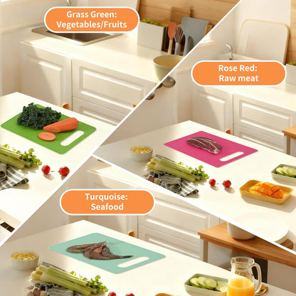 Luckyiren Plastic Cutting Board Set, 3 Pack Small Chopping Boards for Kitchen, BPA-Free, Dishwasher Safe, Color Coded Boards Pads for Meat Vegetable Fruit, Easy Grip Handle, Non-Slip, Space Saving