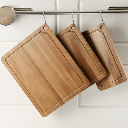 Sango Acacia Cutting Board Set with Juice Grooves and Partitions for Serving, 3-Piece- Wood Chopping Boards, Stackable & Reversible for Kitchen, Non-Toxic, Perfect as Butcher Block Countertop, Atelier