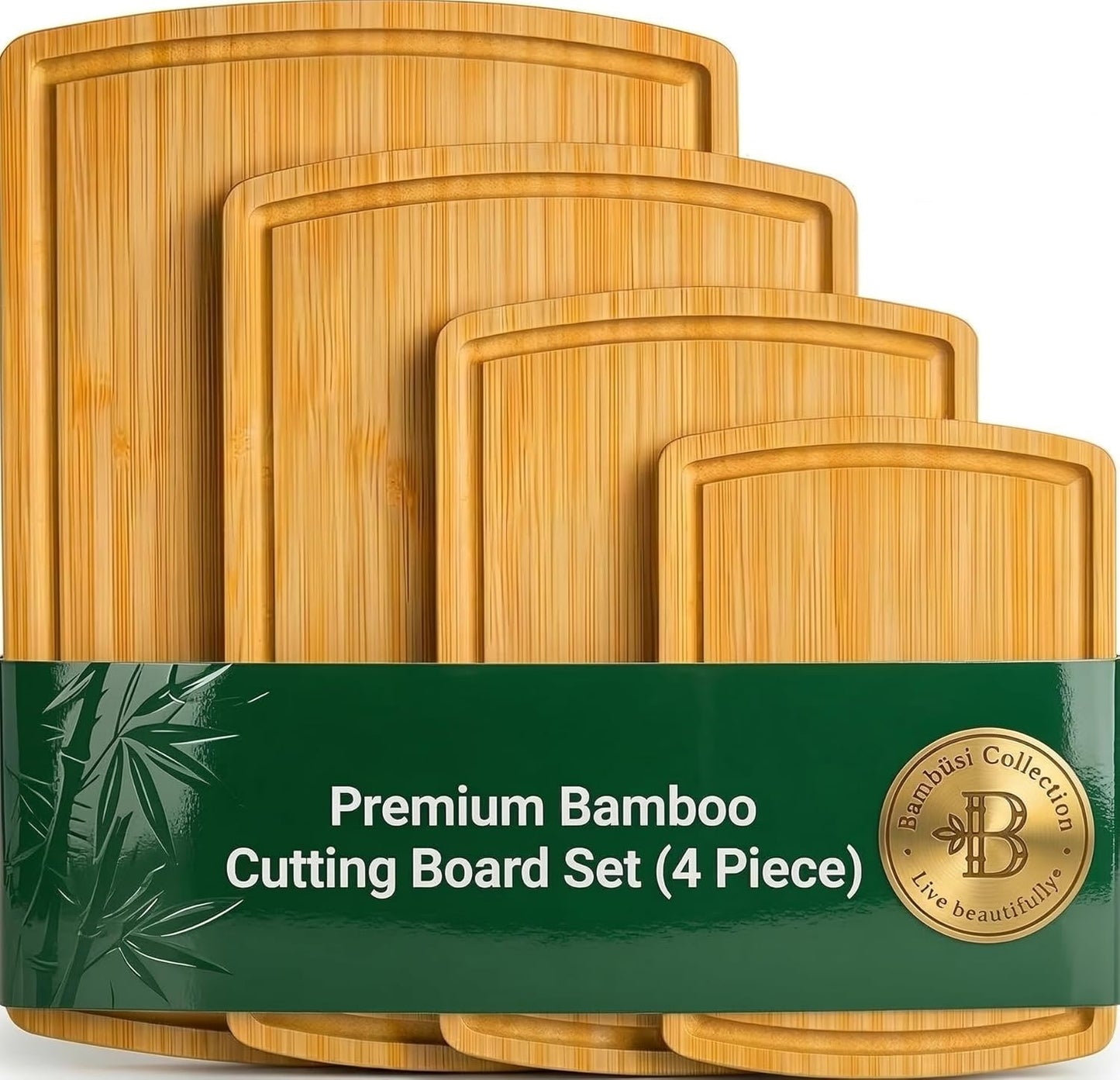 Bamboo Cutting Board Set of 4, Large Cutting Boards for Kitchen, Wood Cutting Board with Juice Groove Side Handles, Wooden Cutting Board for Kitchen, Meat Chopping Board Meal Prep, Serving Charcuterie