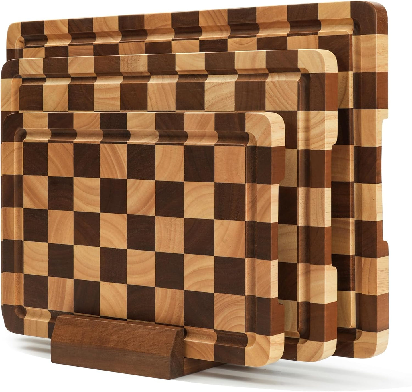 Checkered Cutting Board for Kitchen - Solid Wood End Grain Checkerboard Chopping Board with Handle & Juice Groove, Double Sided for Cooking, Serving and Decor, Rectangular 16" x 12" x 1"