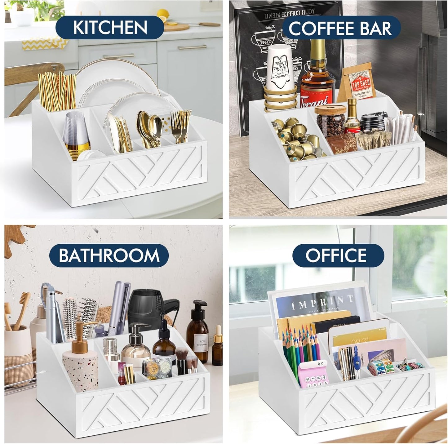 Ukonvi Paper Plate Dispenser, Paper Plate Holder for Kitchen Counter, Wood Rustic Silverware Utensil Caddy, Cutlery Flatware Organizer Box for Cups Spoons Forks Plates Napkins, Kitchen Accessories