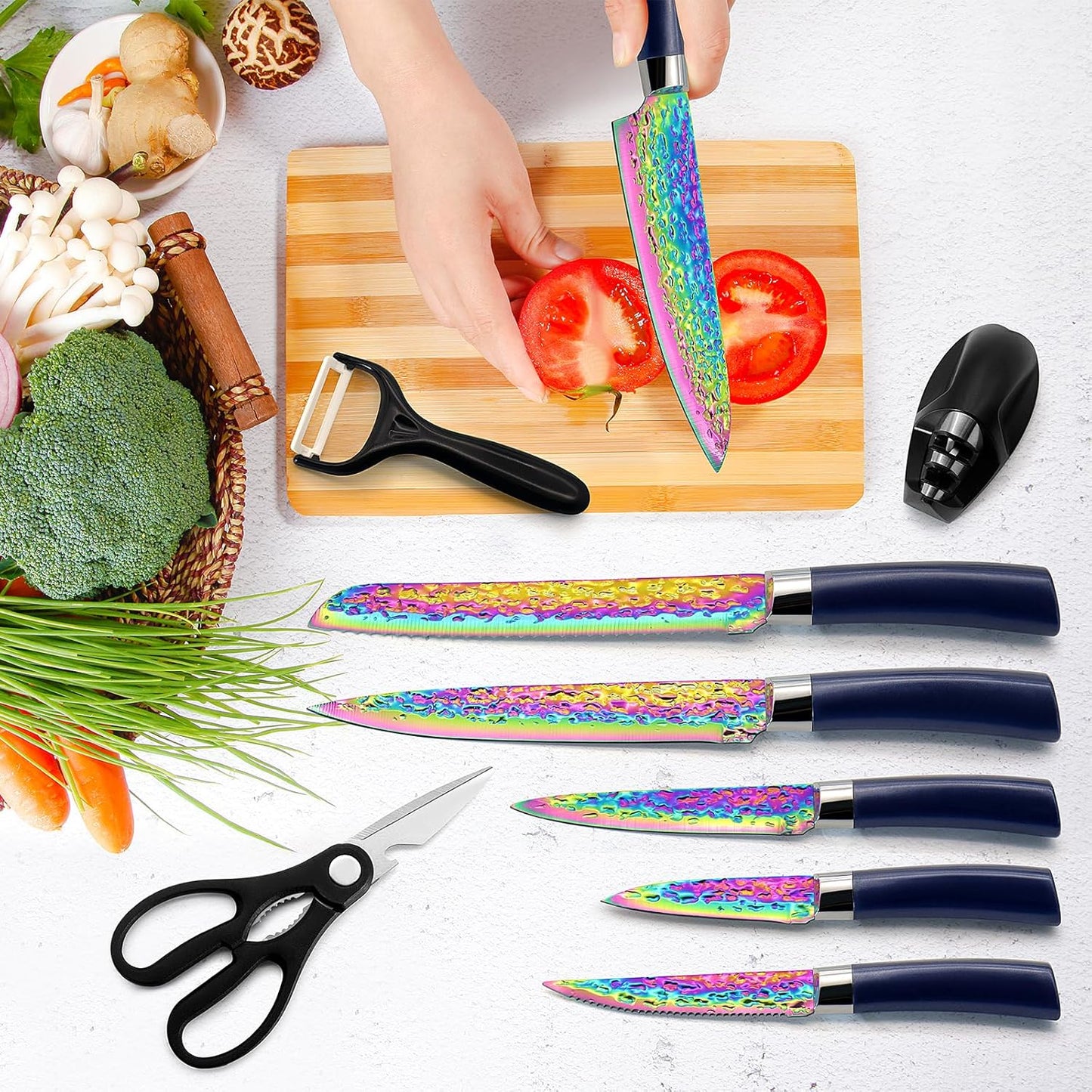 Rainbow Titanium Knife Set, Non Stick Thick and Sharp Stainless Steel 15 Pcs Cutlery Kitchen Knives Set with Acrylic Block, Chef Quality for Home & Pro Use, Best Gift, Pink Color
