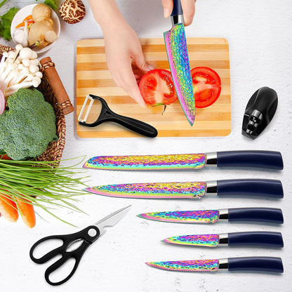 Rainbow Titanium Knife Set, Non Stick Thick and Sharp Stainless Steel 15 Pcs Cutlery Kitchen Knives Set with Acrylic Block, Chef Quality for Home & Pro Use, Best Gift, Pink Color