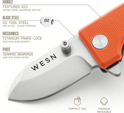 WESN Microblade Premium Folding Pocket Knife - 1.5" D2 Steel Blade, Compact Titanium EDC Knife with G10 Handle, Manual Thumb Stud, Deep Carry Clip - Lightweight Everyday Carry (Salmon)