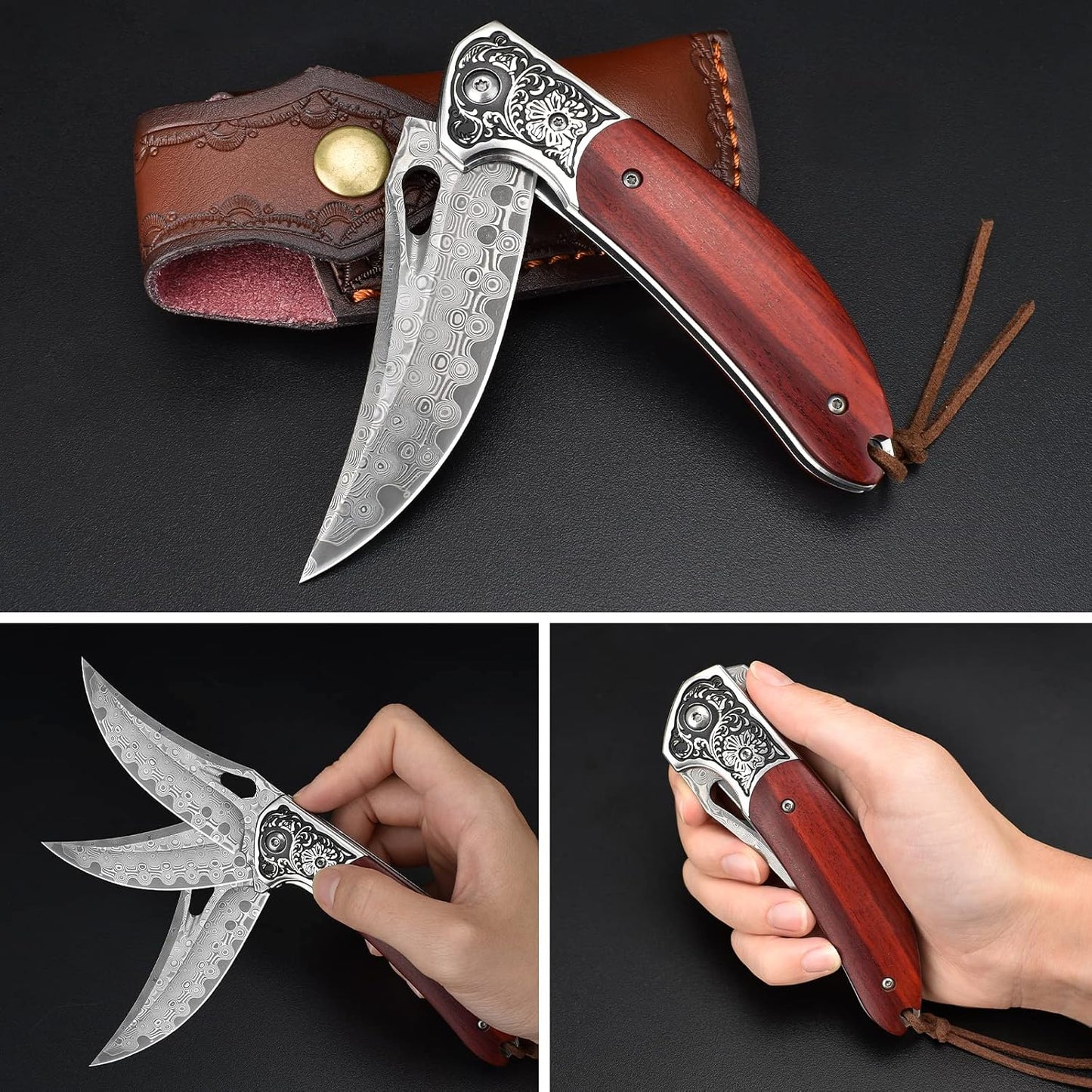 KOMWERO Damascus Pocket Knife for Men, VG10 Core Damascus Steel Folding Knife with Wood Handle, Ball Bearing, Thumb Hole, Liner Lock, Sheath for EDC Outdoor Survival Hunting