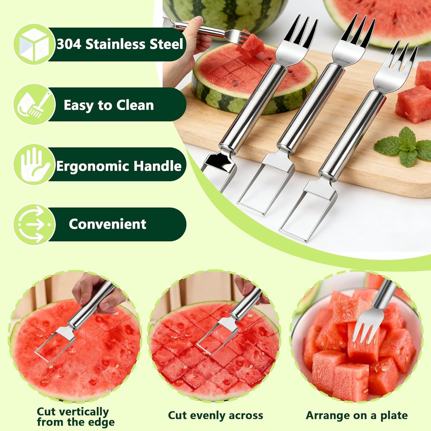 Watermelon Cutter, 2-in-1 Stainless Steel Fruit Cutter, Dual Head Watermelon Fork Slicer Tool, Summer Fruit Cutting Kitchen Gadget for Home (2PCS)