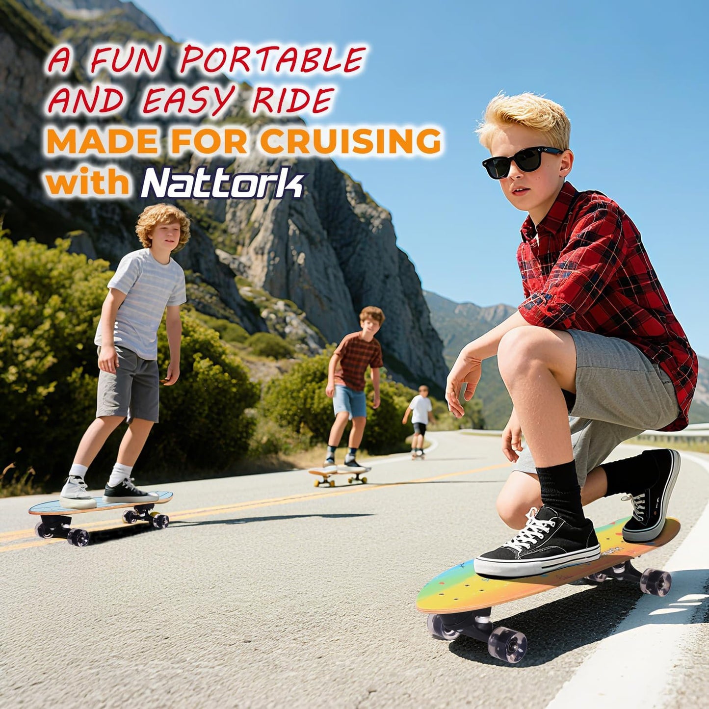 Nattork Complete Kid Skateboards 29" x 9" Youth Cruiser Skateboard for Beginners Double Kick Deck Concave Girls or Boys Skateboard