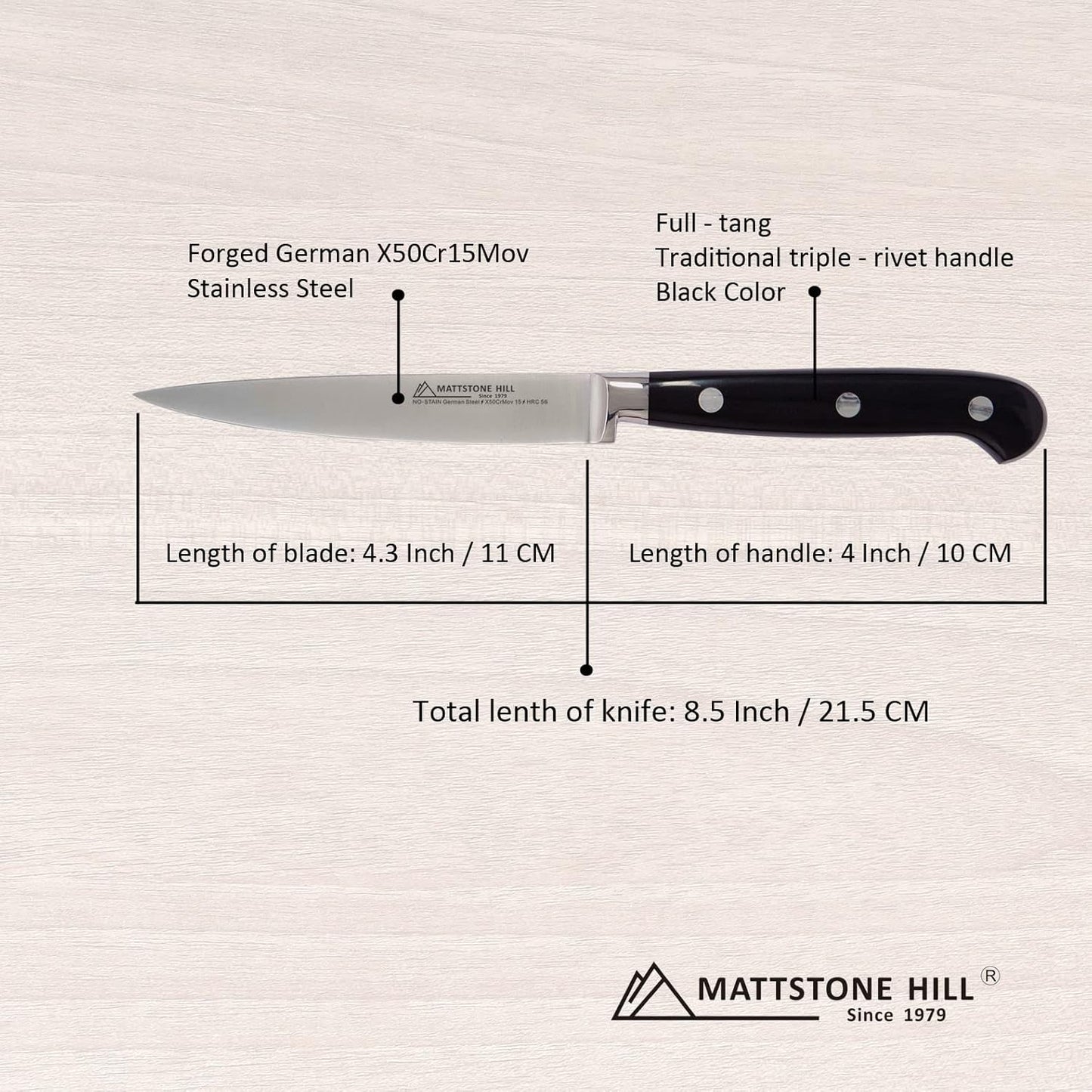 Serrated Utility Knife - MATTSTONE HILL 4.7" Kitchen Knife, German Stainless Steel Vegetable Knife, Paring Knife, Triple Rivet Handle