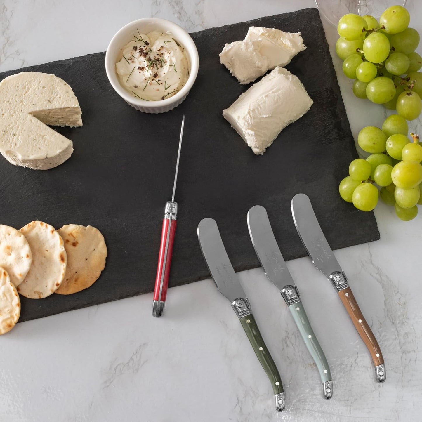 French Home Laguiole Spreader Set – 8 Piece Cheese & Butter Spreader Set with Blue and Cream Handles – Elegant & Practical Charcuterie Tools (6.25")
