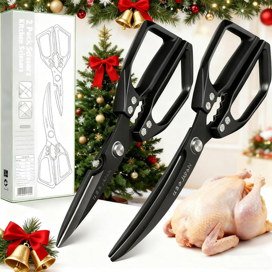 2-Piece Kitchen Scissors Set - Heavy Duty Poultry & Cooking Shears, High-Carbon Steel Meat Scissors for Chicken Bones/Seafood/Herbs, Ergonomic Handle Black & Silver