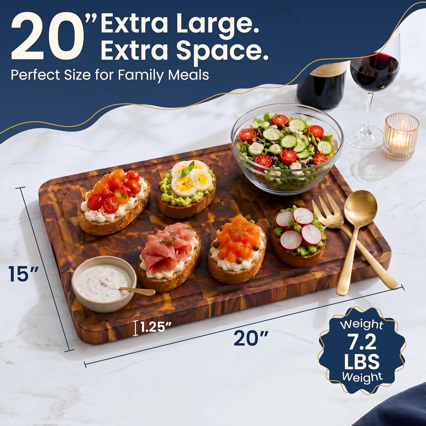 HOMESTEAD End Grain Acacia Wood Cutting Board for Kitchen 23x18x1.5 in, Large Butcher Block Chopping Board for Meat Vegetables with Juice Groove, Handles and Knife-Friendly Surface