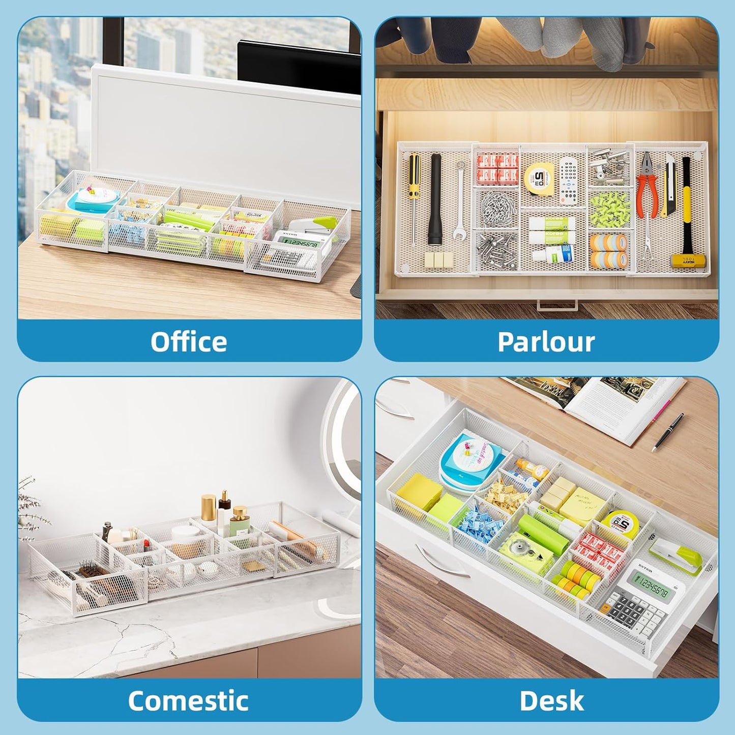 Marbrasse Expandable Desk Drawer Organizer, Mesh Drawer Organizer Tray with 10 Adjustable Compartments, Desk Organizers and Accessories for Office Supplies, Makeup & Vanity (Expandable White-2 pack)