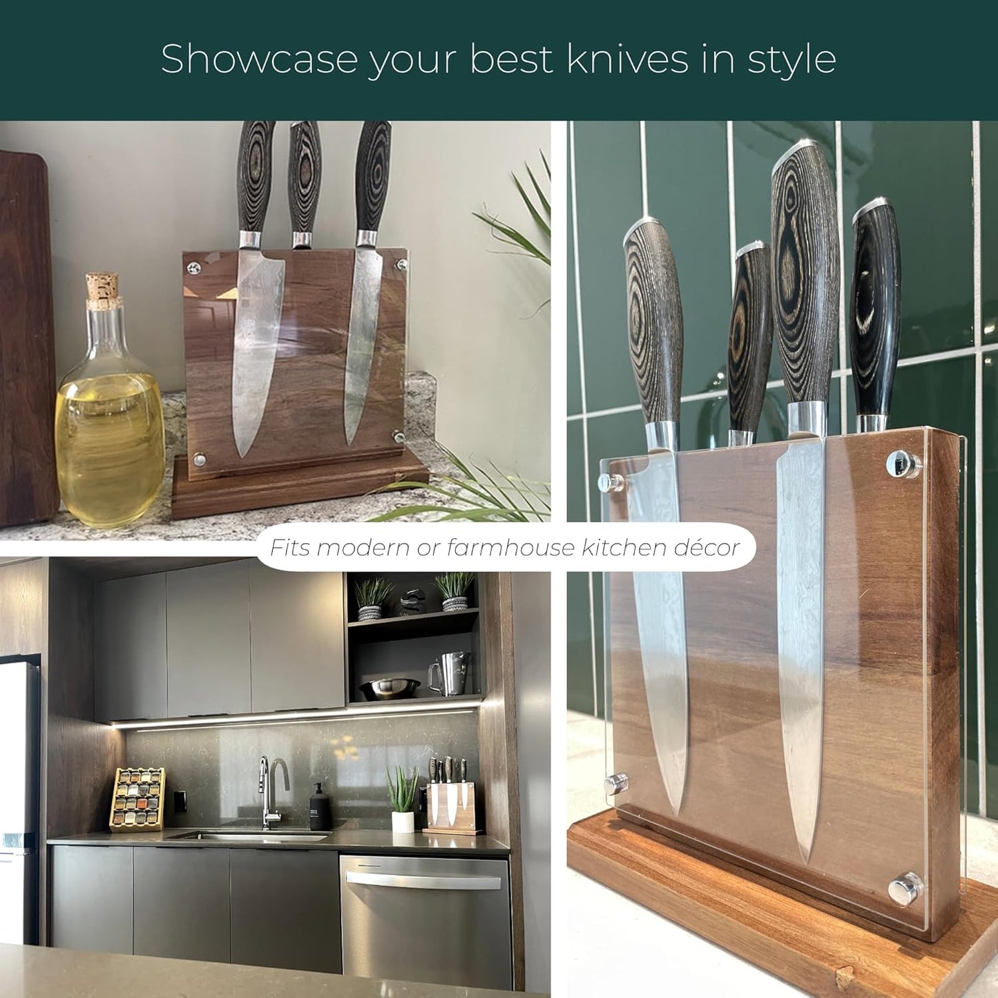 The Rack Co. Magnetic knife holder block stand, double sided wooden magnet board, knife holder (Wood)