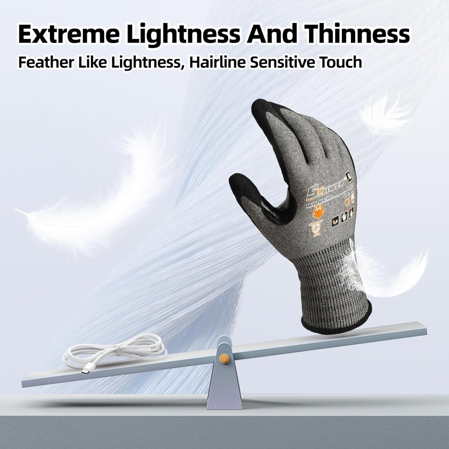 Schwer A4 AIR-SKIN Cut Resistant Work Gloves with Extreme Lightweight & Thin, Grip Glove for Fishing, Refined Work, Gardening Gloves for Yard, Touchscreen, 3D-Comfort Fit, Men Women Gifts, AR3900, L