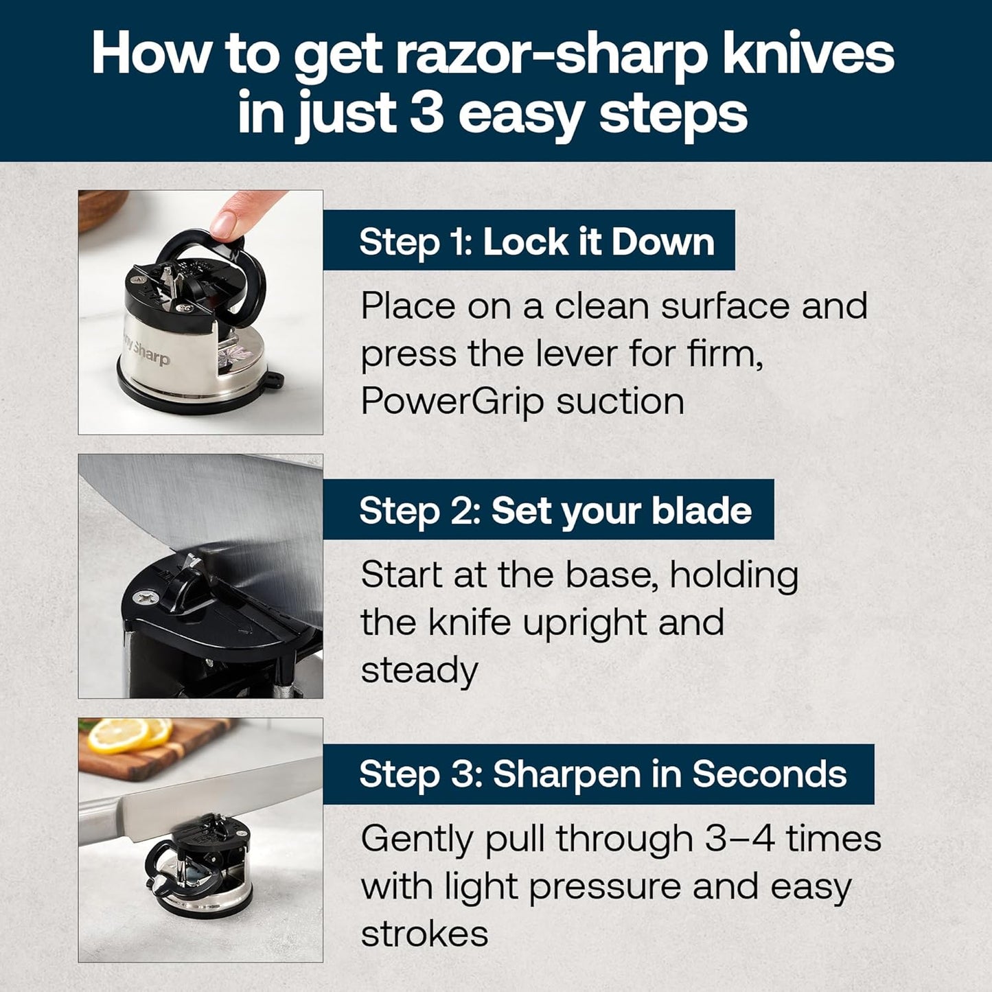 AnySharp – PRO – Hands Free Knife Sharpener - Easy to Use Sharpening Tool with PowerGrip Suction Base and 20-Degree Pre-set Angle - For All Knives: Chef’s, Serrated, and Hardened Steel - Metal