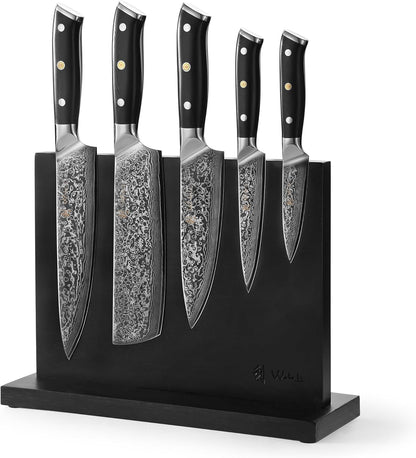 Wakoli Damascus Chef Knife Set with Magnetic Block – 5-Piece Professional Kitchen Knife Block Set, Genuine 67-Layer Damascus Steel Blades with VG10 Core & Ergonomic Sycamore Wood Handles