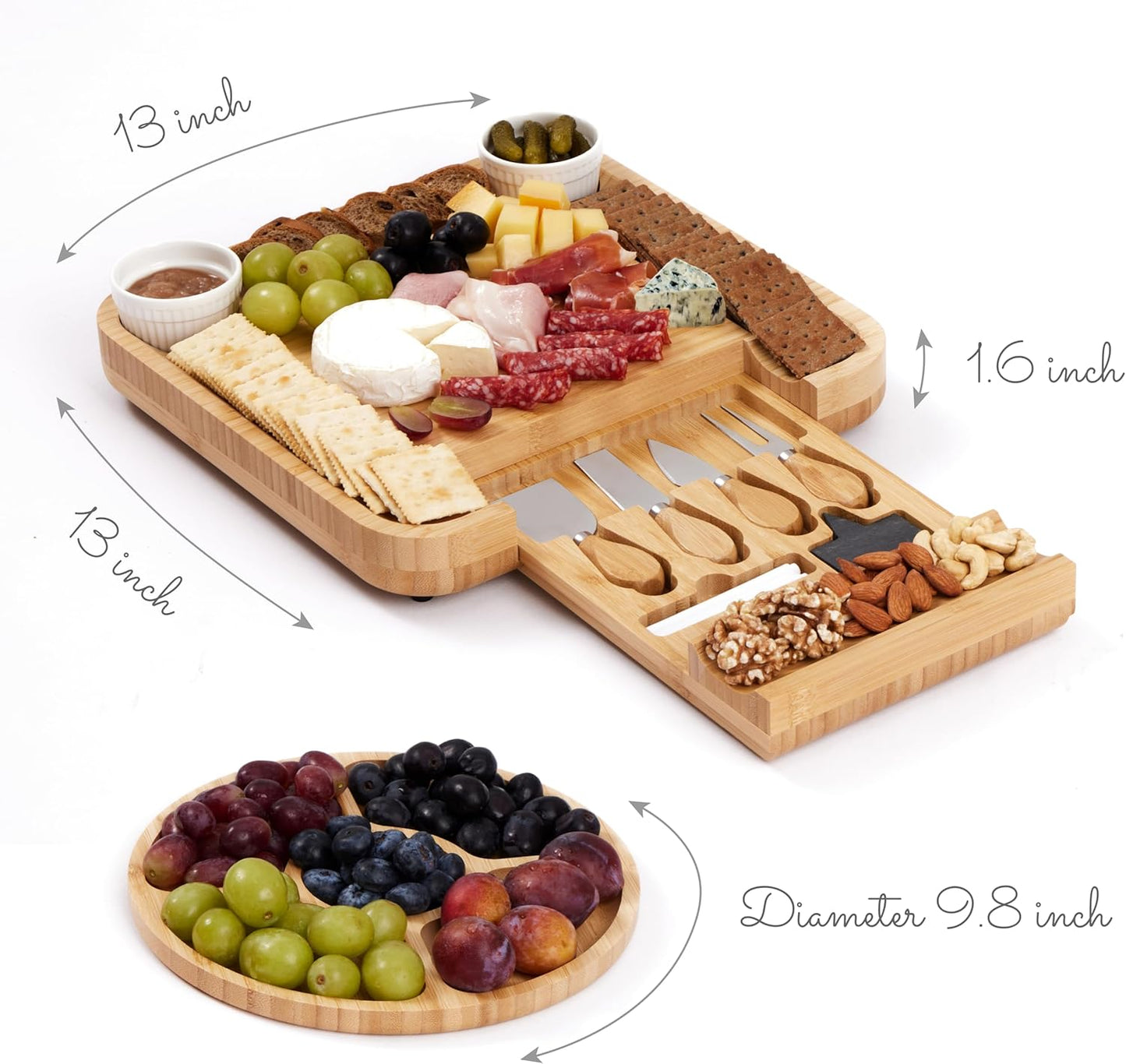 Premium Bamboo Charcuterie Board Set with Hidden Drawer & 4 Cheese Knives - 13x13 Large Cheese Board Serving Tray - Unique Housewarming Gifts for New Home, Wedding & Bridal Shower Gifts for Couples
