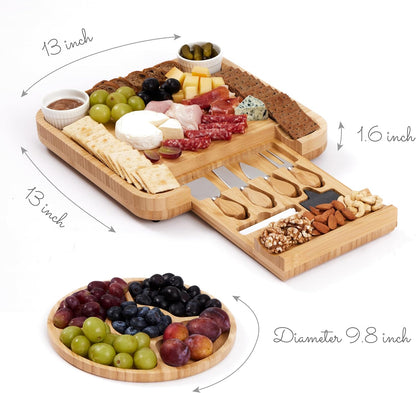 Premium Bamboo Charcuterie Board Set with Hidden Drawer & 4 Cheese Knives - 13x13 Large Cheese Board Serving Tray - Unique Housewarming Gifts for New Home, Wedding & Bridal Shower Gifts for Couples