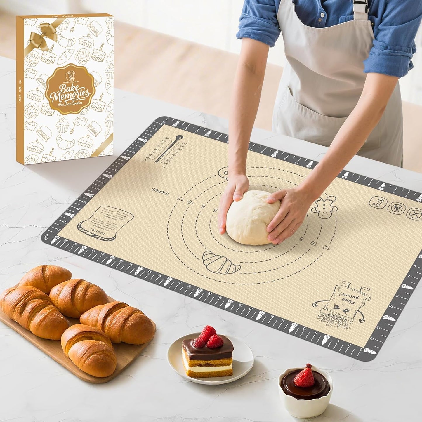 Extra Thick Silicone Baking Mat with Recipes - 26x16 inch Non Stick Pastry Mat with Measurements for Sourdough, Macarons, Bread, Pizza, Dough Rolling, Kneading, Heat Resistant to 480°F Gift for Baker